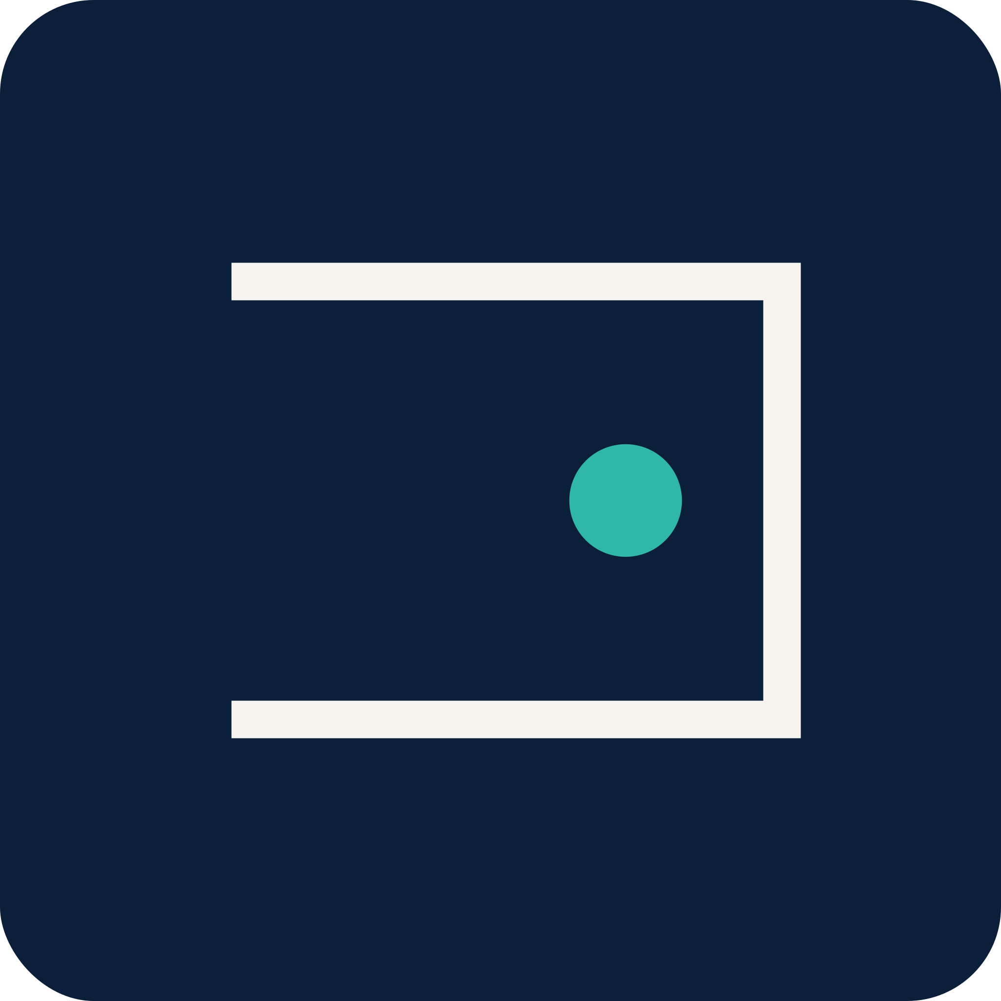 Abstrakte geometrische Komposition mit einem offenen navyfarbenen Rahmen und einem türkisfarbenen Fokuspunkt, die Freiraum und Fokus visualisiert.